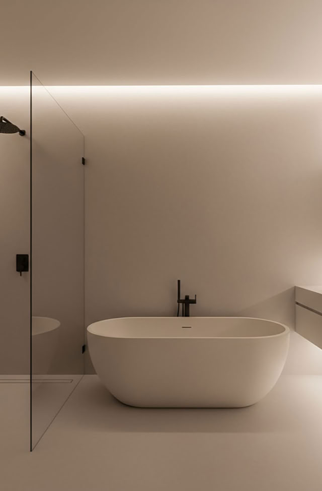 Fugenloses Badezimmer mit Rexx Solid.Doppelwaschbecken und begehbarer Dusche.