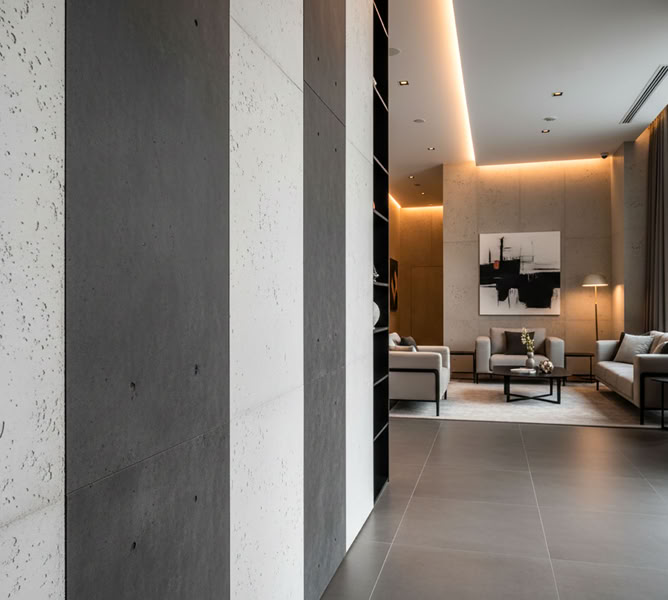 Moderner Wohnraum Beton Style zweifarbig in Streifen BS920 + BS 902