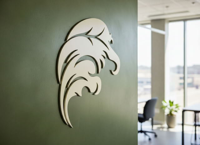 Wanddekoration in Form eines stilisierten glaMUR Logos auf einer grünen Rexx Solid Wand, im Hintergrund ein Büro mit Tisch, Stuhl und Pflanze.