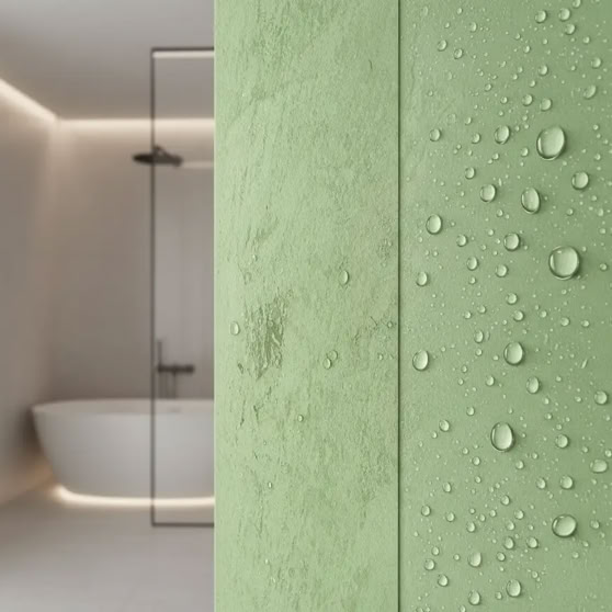 Grünes Badezimmer mit Wassertropfen auf der Wand, im Hintergrund eine freistehende Badewanne und eine Duschkabine.