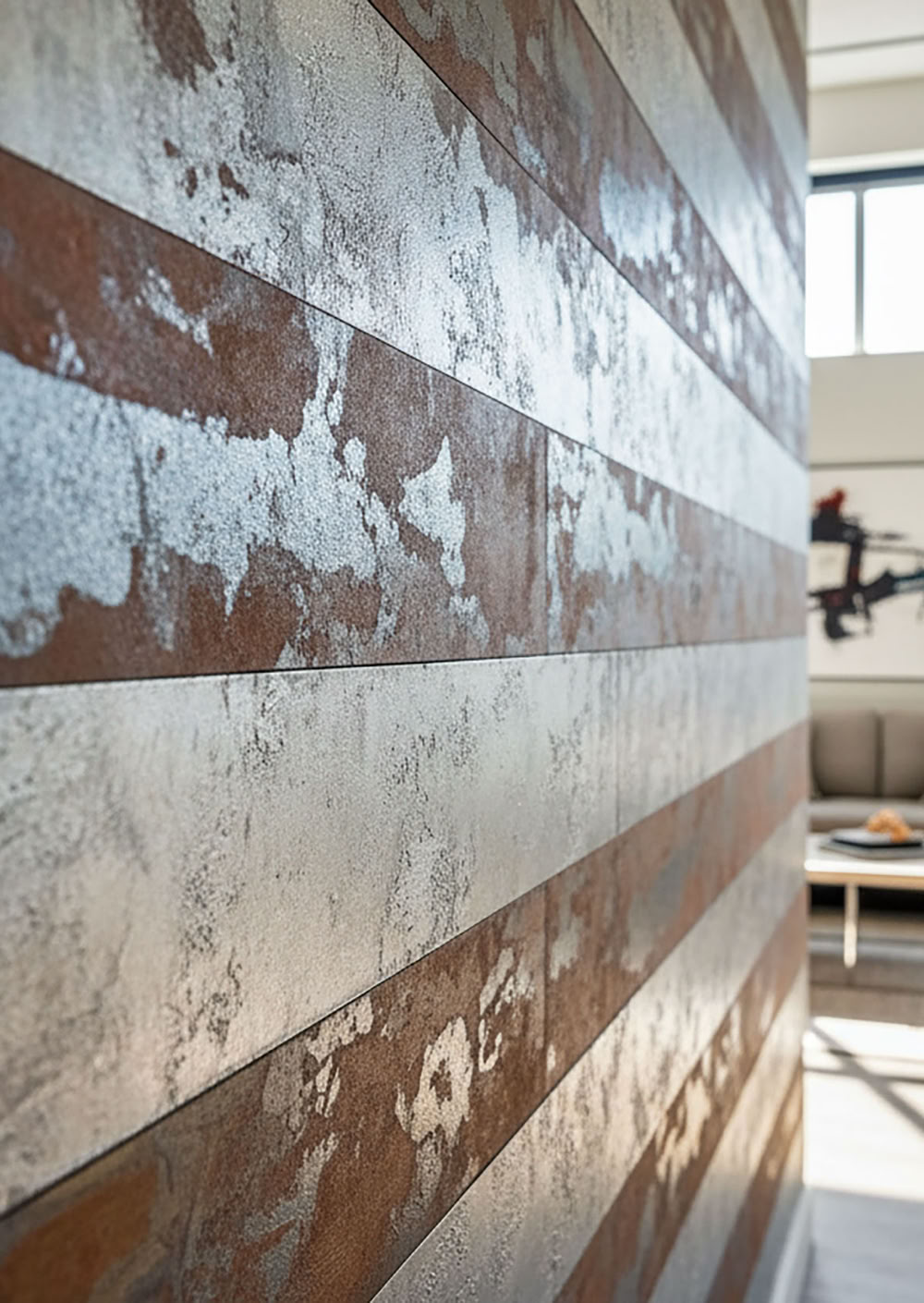Nahaufnahme einer Wand mit horizontalen Streifen in Effektspachtel Rost- und Silbertönen, im Hintergrund ein Wohnzimmer mit Sofa, Pflanzen und großen Fenstern.