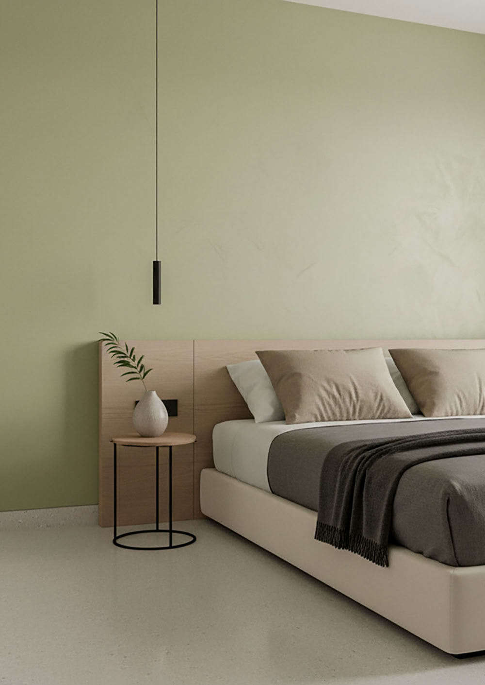 Minimalistisches Schlafzimmer mit einem Bett, Olive farbenen Paterra Wand.