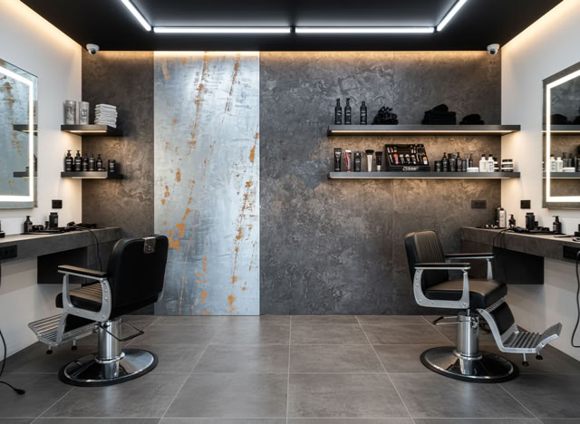 Moderner Friseursalon mit Effektspachtel Stahl + Rost und Smoke