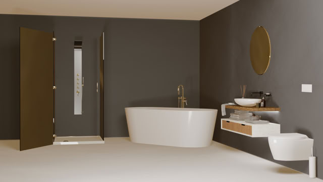 Modernes Badezimmer Rexx Solid von glaMUR mit freistehender Badewanne, rundem Spiegel, Waschbecken auf einem Holzregal und geöffneter Tür.