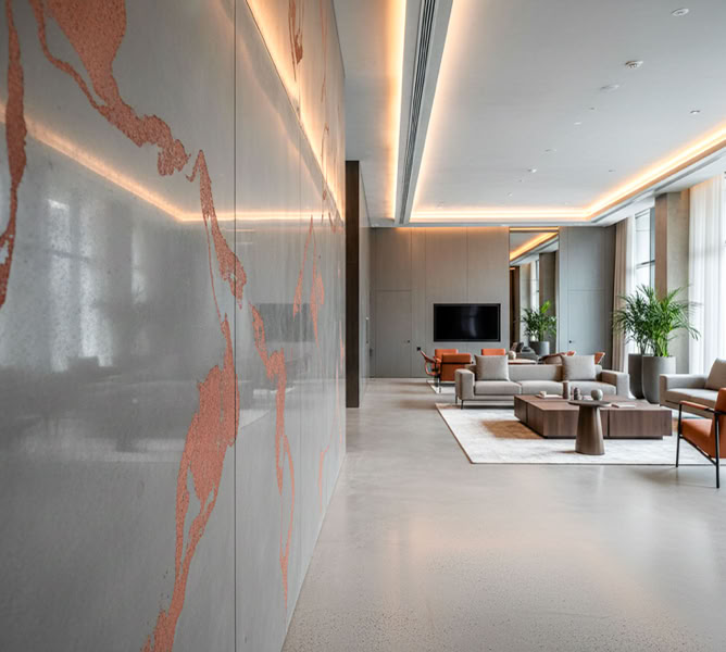 Moderner Wohnraum mit Beton Style zweifarbig mit Applikationen BS920 + BS 928