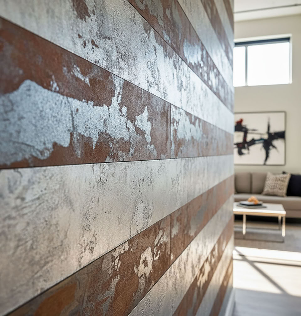 Streifenwand mit Effektspachtel Rost und Silber gestreift.