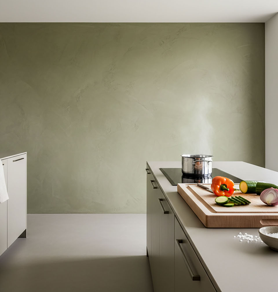 Moderne Küche mit einer Wand mit Paterra in olivgreen 2 lagig mittel und fein.