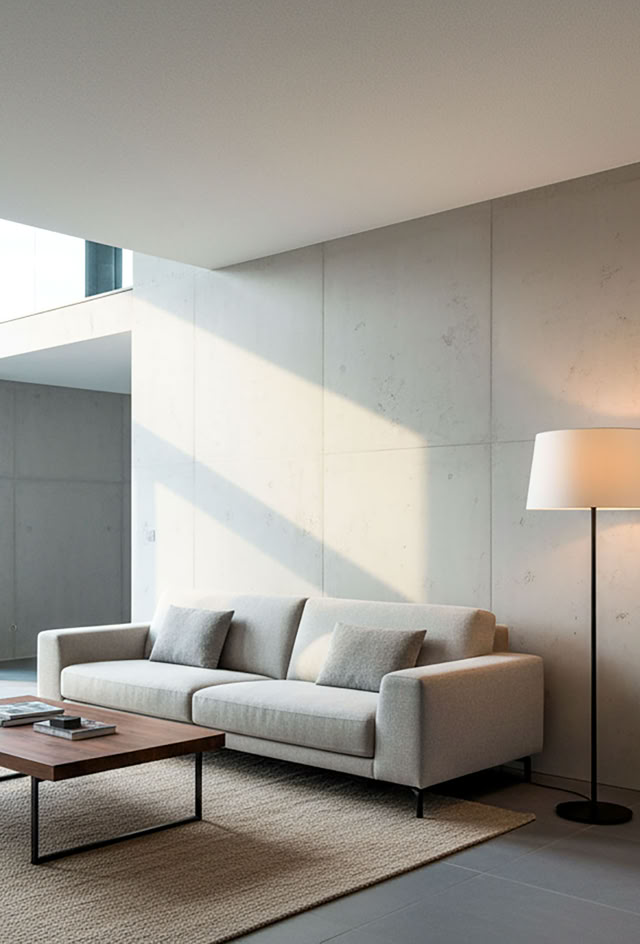 Modernes Wohnzimmer mit einer Betonwand glaMUR Beton Style BS903 im Wohnzimmer