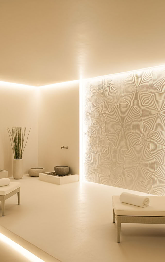 Ein heller fugenloser SPA Bereich mit Rexx 2K beschichtet. Hohen Dekorativen Wand mit Paterra Wandbeschichtung