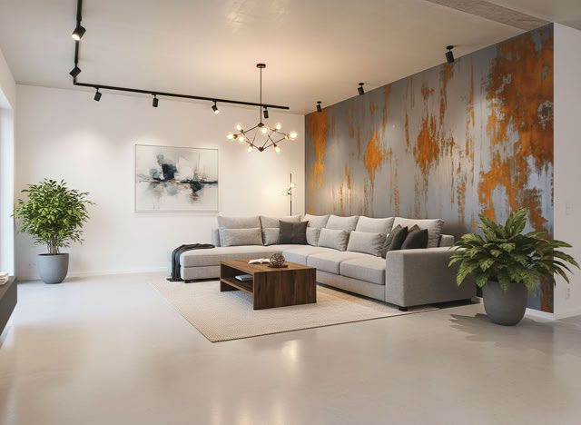 Effektspachtel Corten Stahl Wohnzimmer  mit Rexx 2K Boden