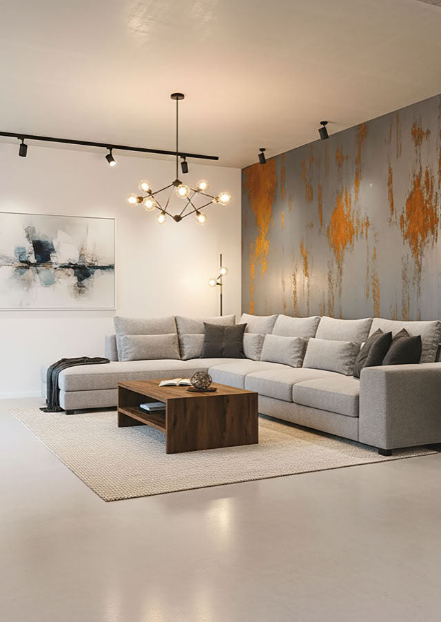 Effektspachtel Corten Stahl Wohnzimmer  mit Rexx 2K Boden