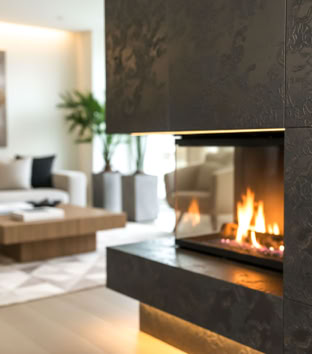 Modernes Wohnzimmer mit einem Kamin im Vordergrund, Effektspachtel Kamin in Bronze,gewalzt