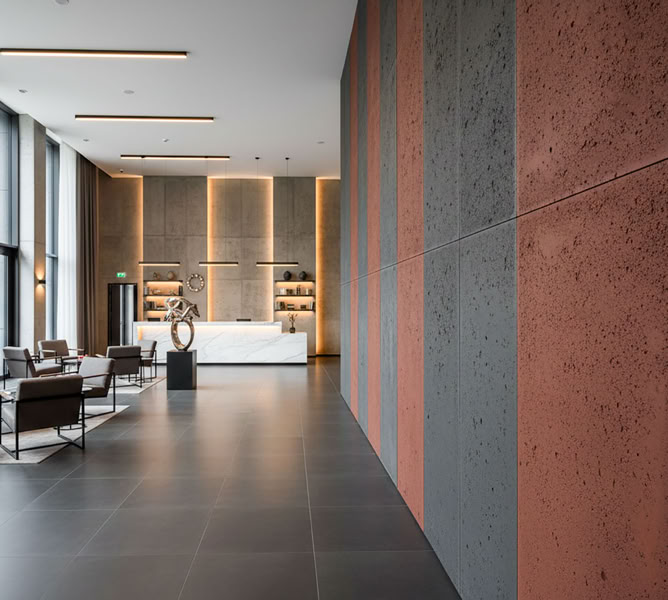 Moderne Lobby mit Sitzbereich, Beton Style zweifarbig in Streifen BS920 + BS 928