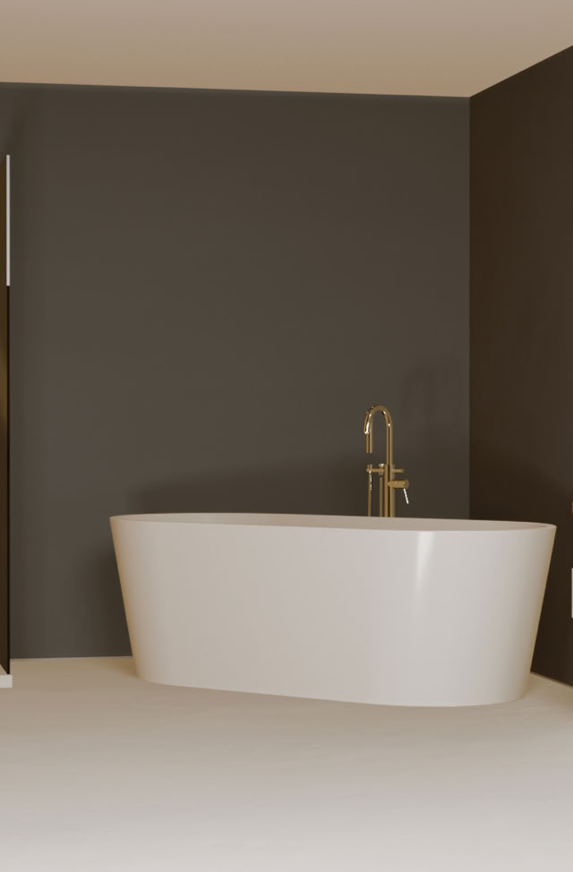 Modernes Badezimmer Rexx Solid von glaMUR mit freistehender Badewanne, rundem Spiegel, Waschbecken auf einem Holzregal und geöffneter Tür.