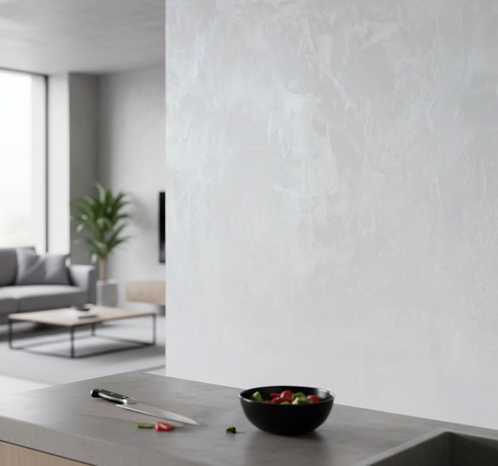 Moderne Küche mit grauer Arbeitsplatte. Weißen Wand mit W 100 Classic 