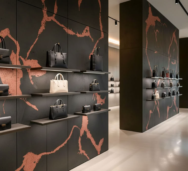 Ein eleganter Laden mit schwarzen Wänden mit Beton Style iund Applikationen sind