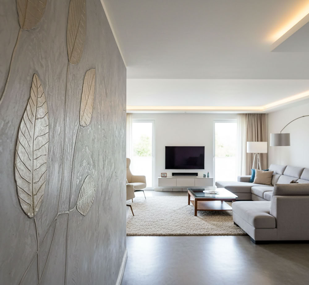 Modernes Wohnzimmer mit dekorativer Wand mit Blattmuster W119 Classic erhabene Blätter mit Platin Lasur