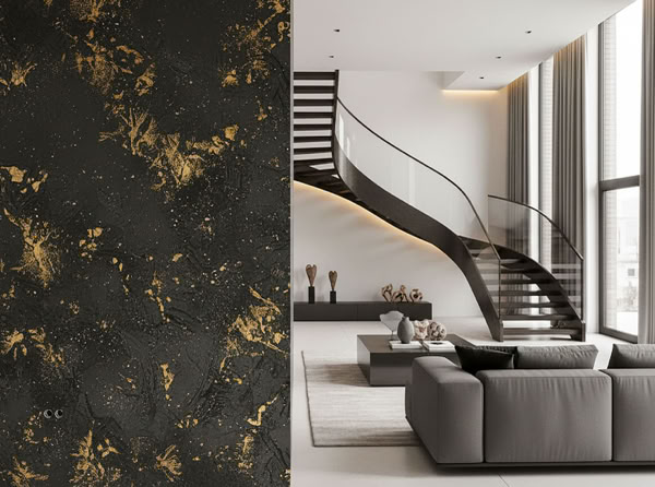 Modernes Wohnzimmer mit einer Akzentwand W121 Classic mit Applikation inEffektspachtel Gold